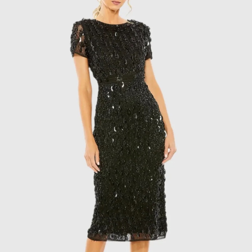 NWT Mac Duggal Black High Neck Short Sleeve Embellished Dress - size 10